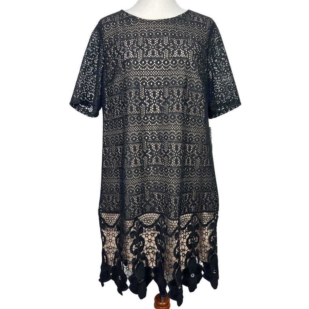 NWT Madison‎ Leigh Size 18 Nude Dress with Black Lace Overlay Scalloped Hem